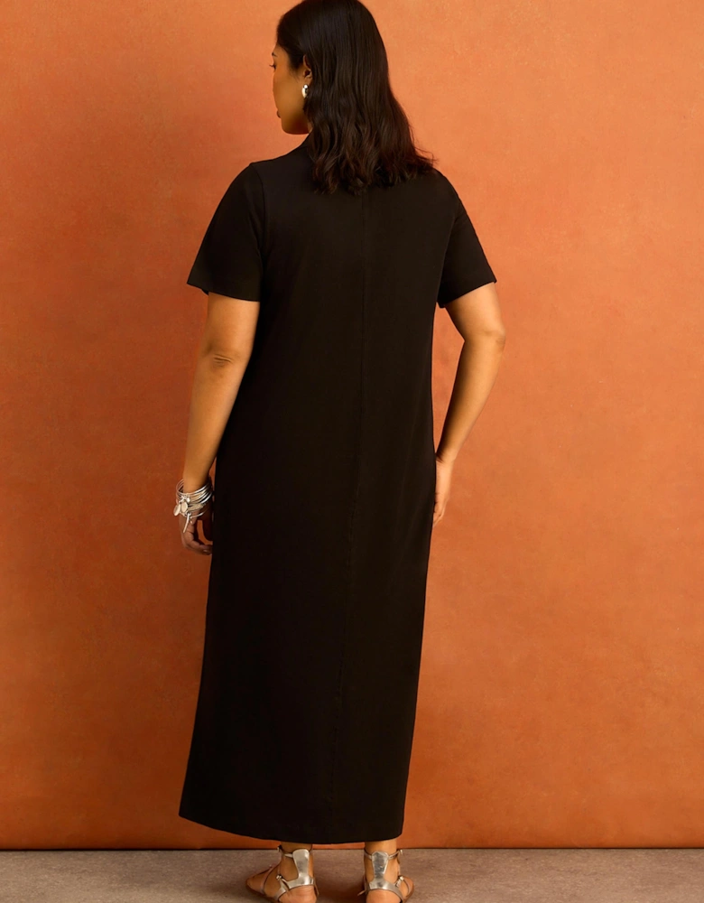 Black Slub Jersey Polo Collared Midi Dress