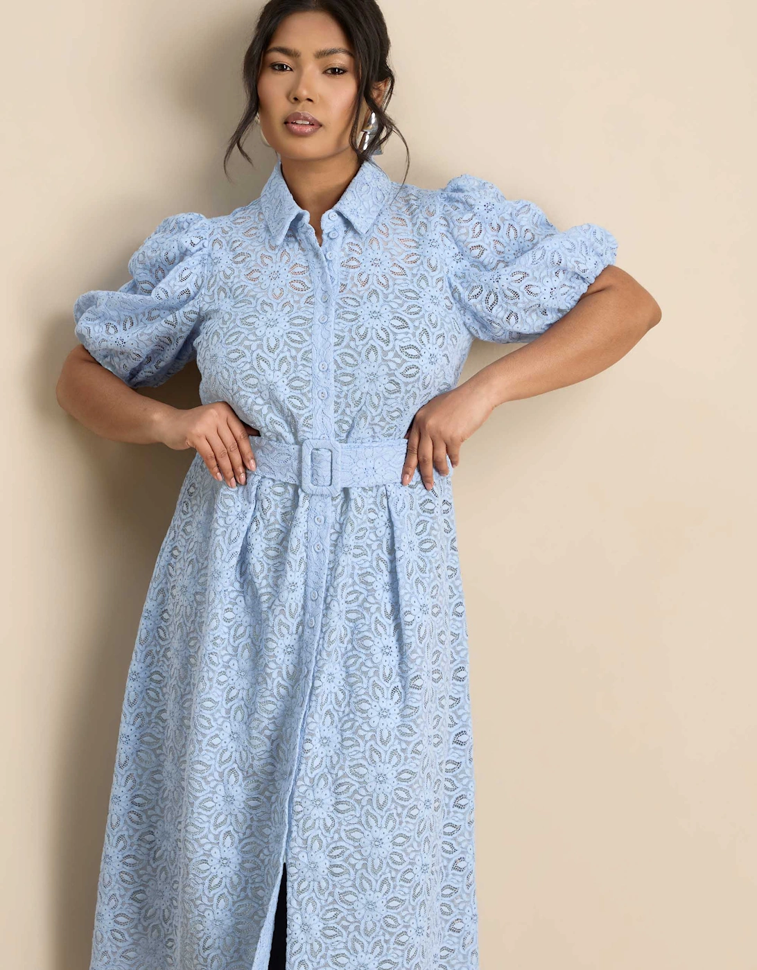 Pale Blue Puff Sleeve Button Through Belted Lace Dress
