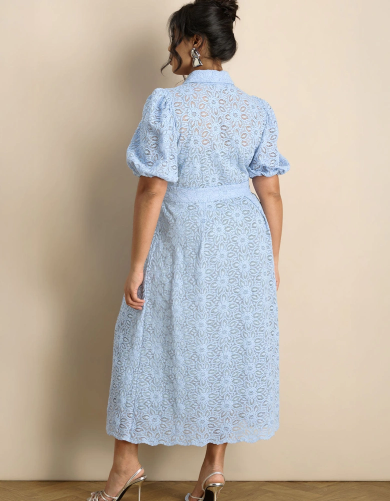 Pale Blue Puff Sleeve Button Through Belted Lace Dress