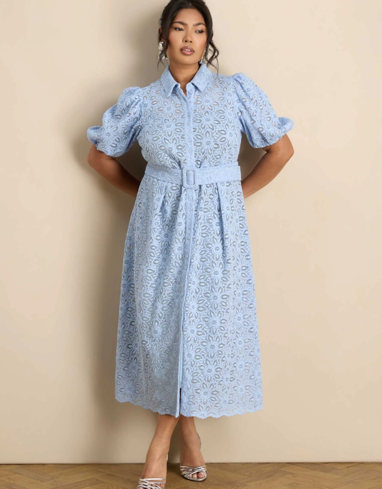 Pale Blue Puff Sleeve Button Through Belted Lace Dress