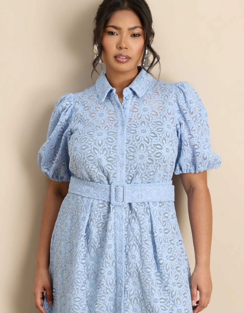 Pale Blue Puff Sleeve Button Through Belted Lace Dress