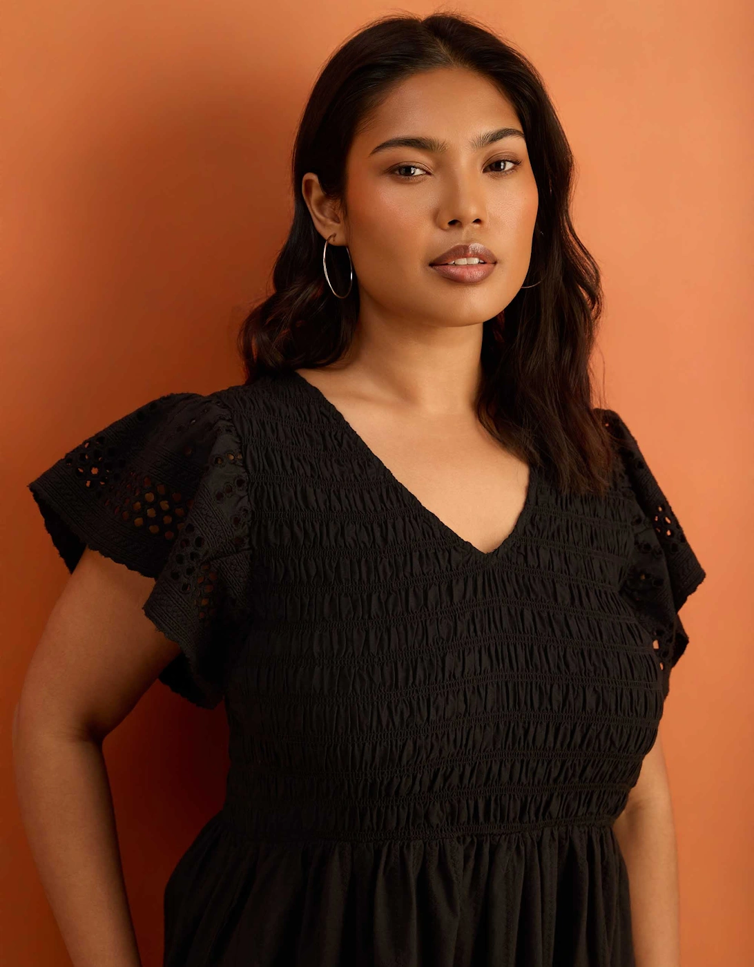 Petite Black Shirred Broderie Midi Dress