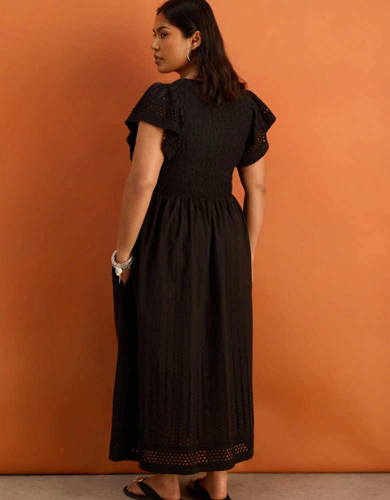 Petite Black Shirred Broderie Midi Dress