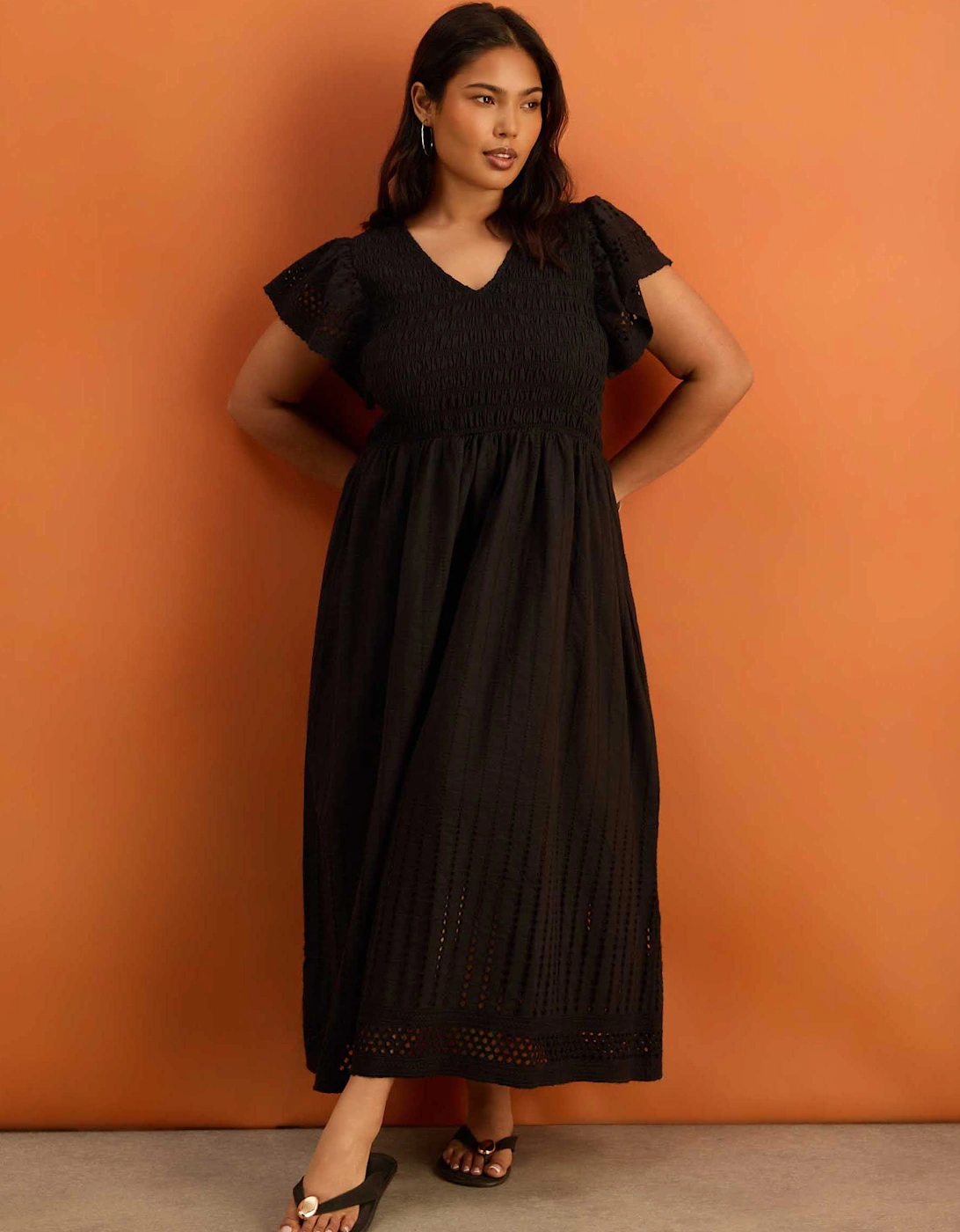 Petite Black Shirred Broderie Midi Dress