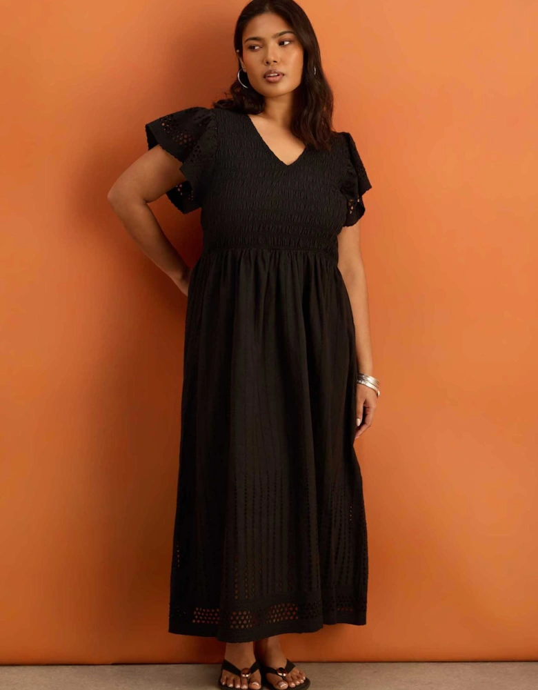 Petite Black Shirred Broderie Midi Dress