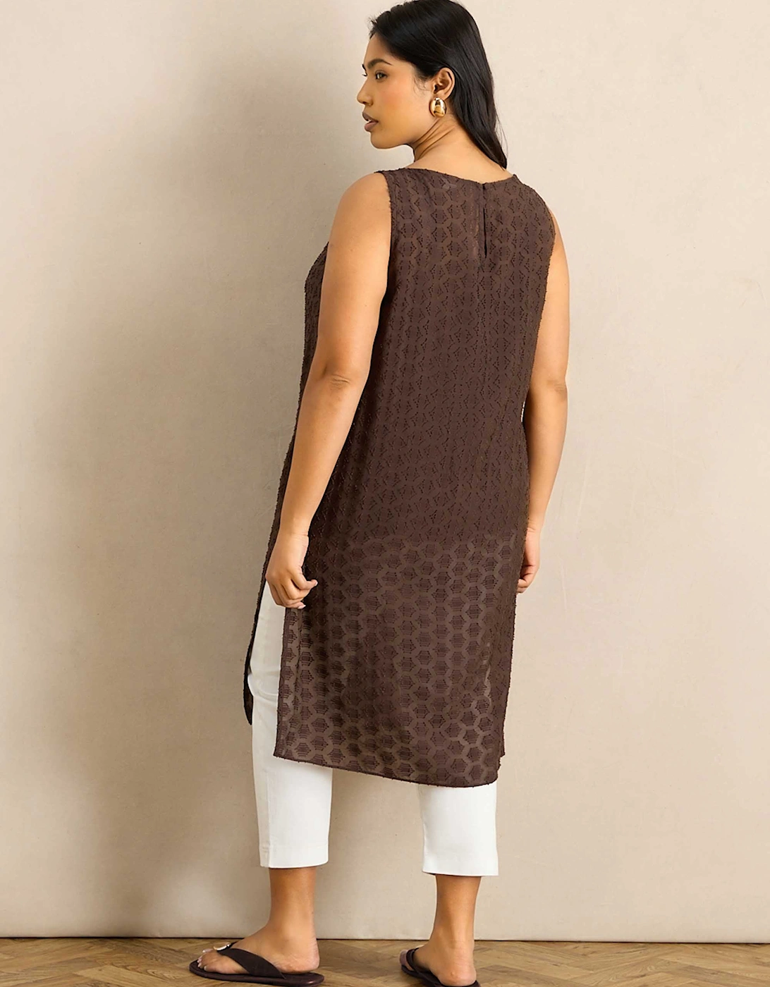 Brown Geo Jacquard Side Split Tunic