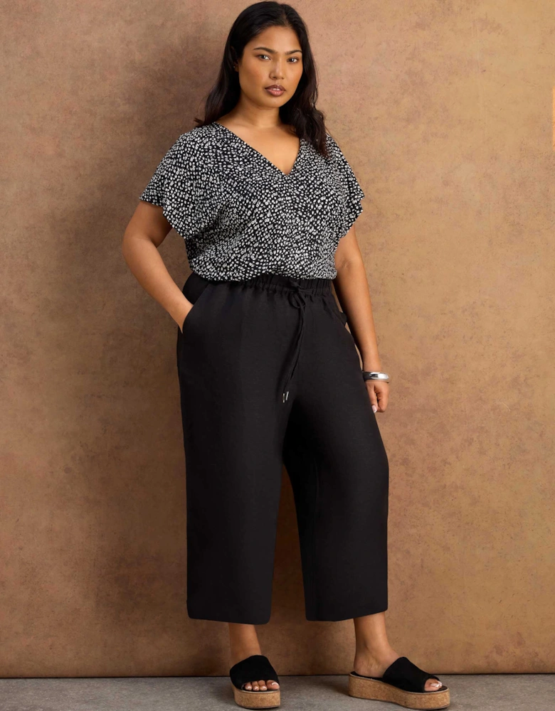 Black Linen Blend Drawstring Cropped Trousers