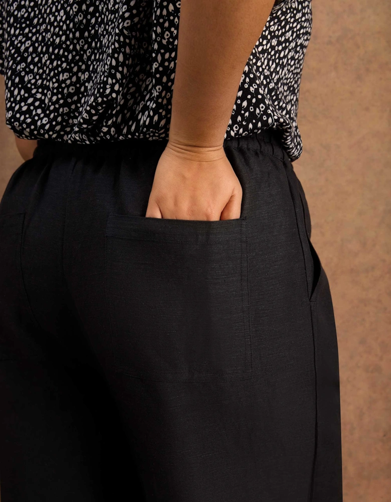 Black Linen Blend Drawstring Cropped Trousers