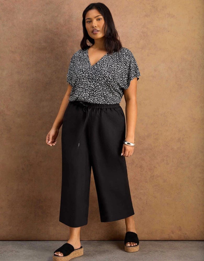 Black Linen Blend Drawstring Cropped Trousers