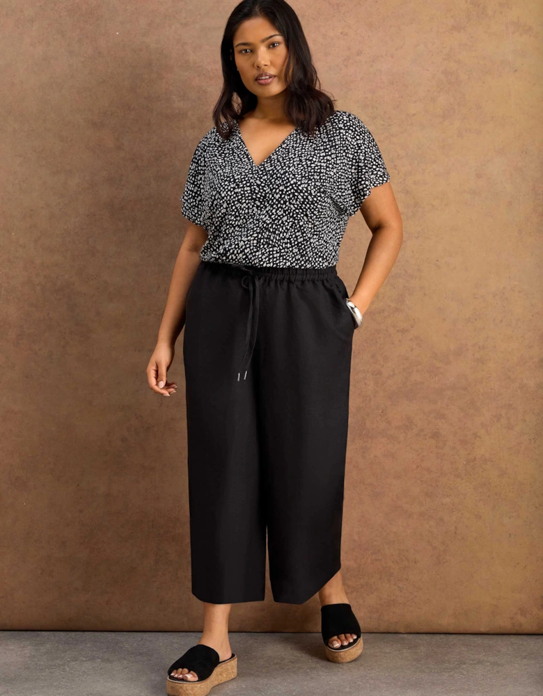 Black Linen Blend Drawstring Cropped Trousers