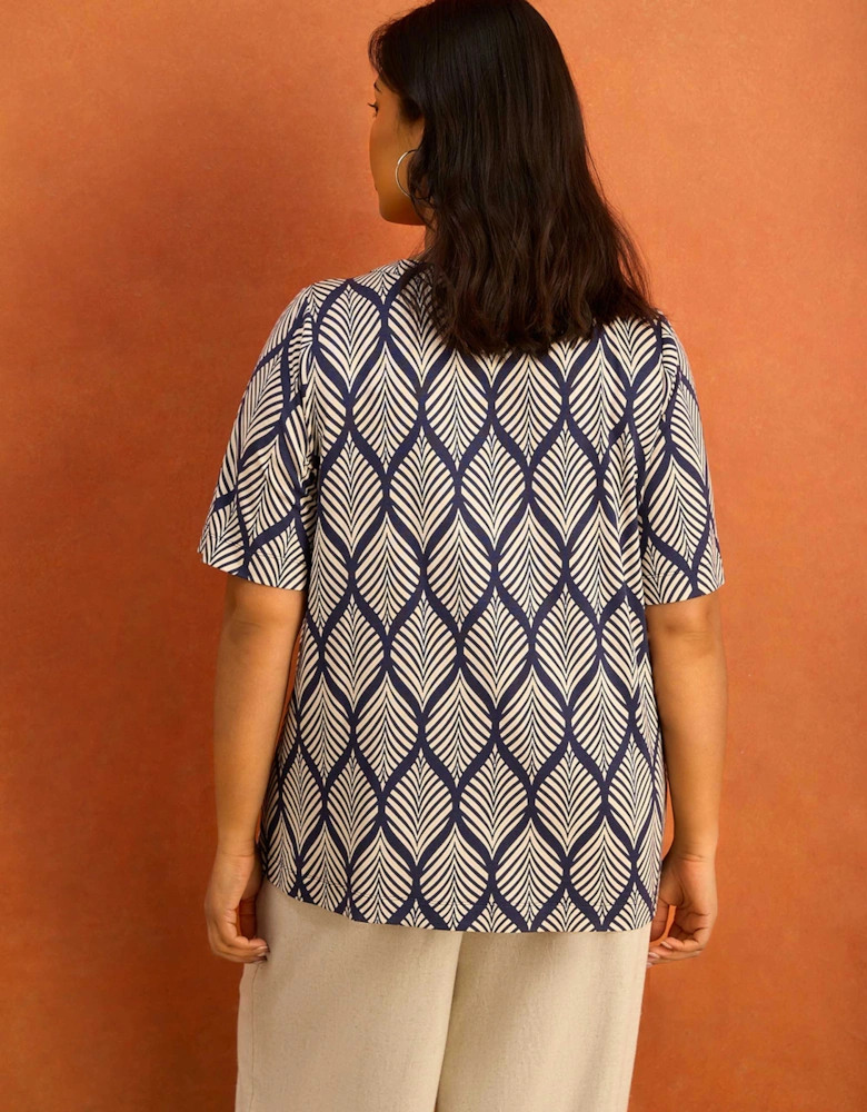 Navy Print Nehru Collar Short Sleeve Jersey Top