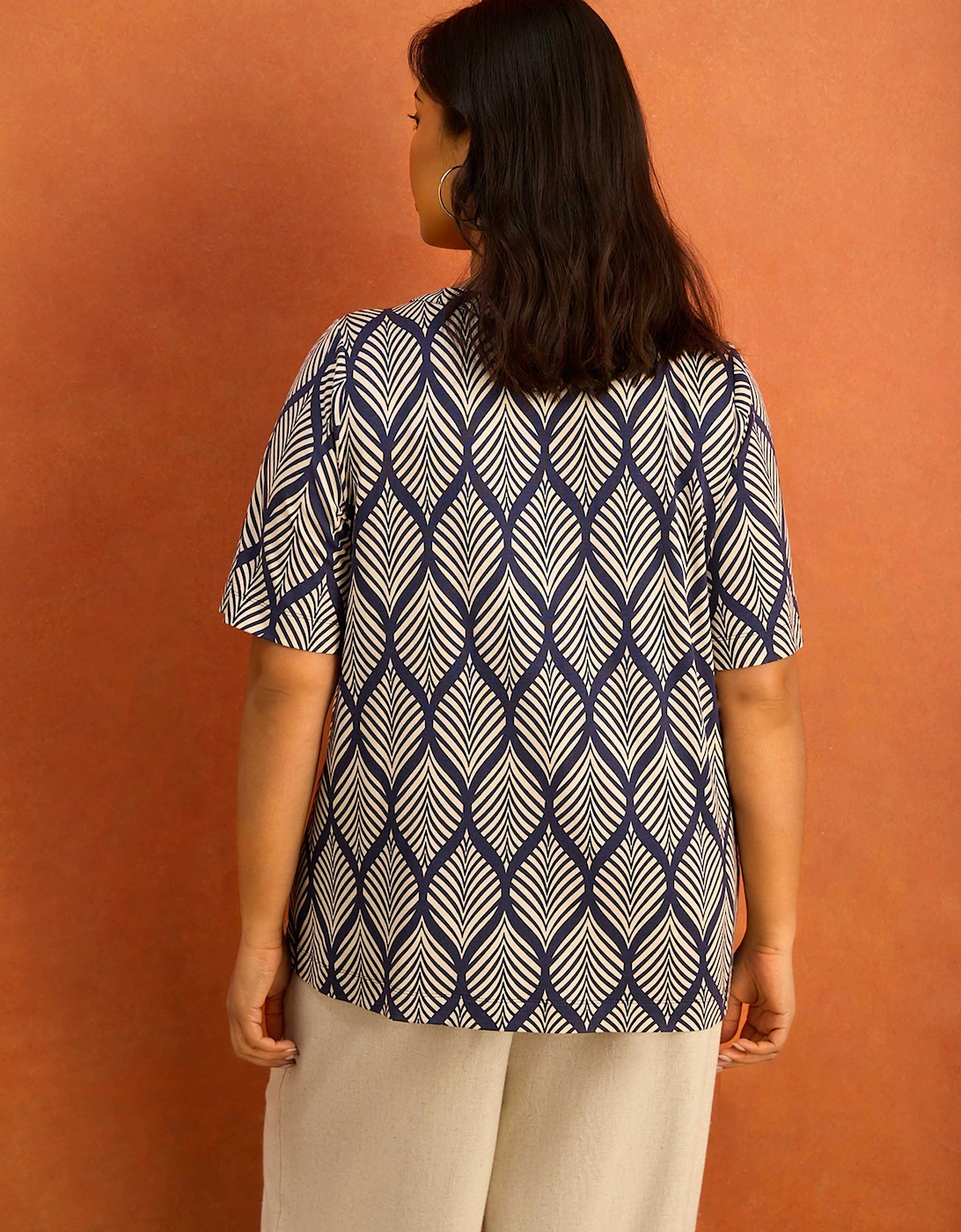 Navy Print Nehru Collar Short Sleeve Jersey Top
