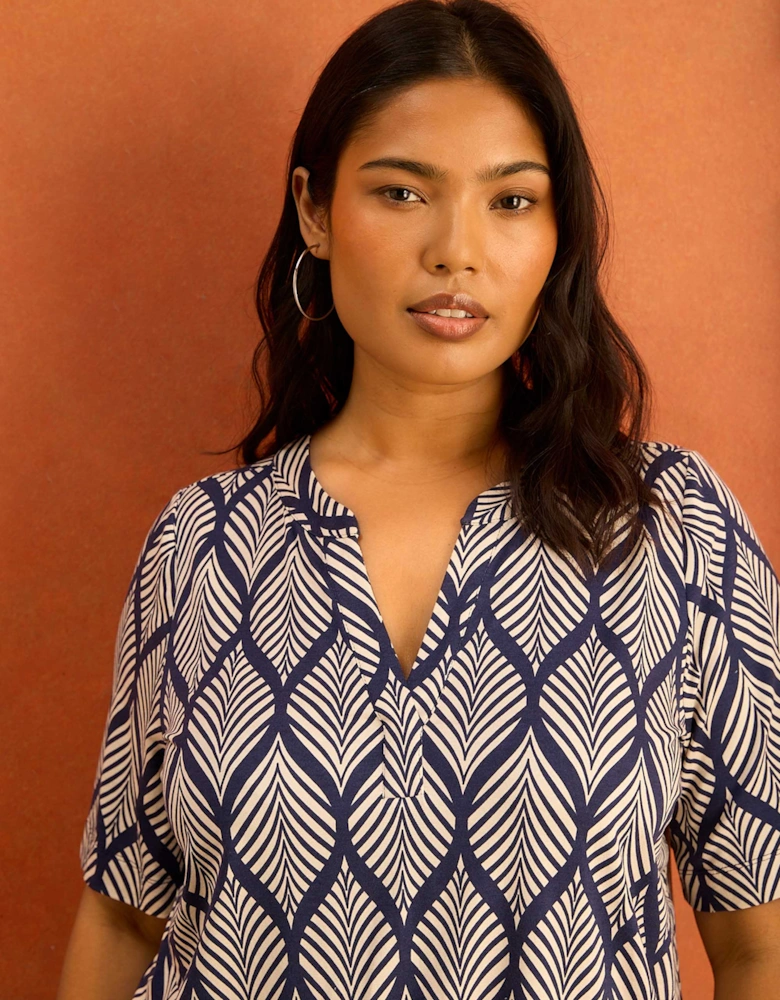 Navy Print Nehru Collar Short Sleeve Jersey Top