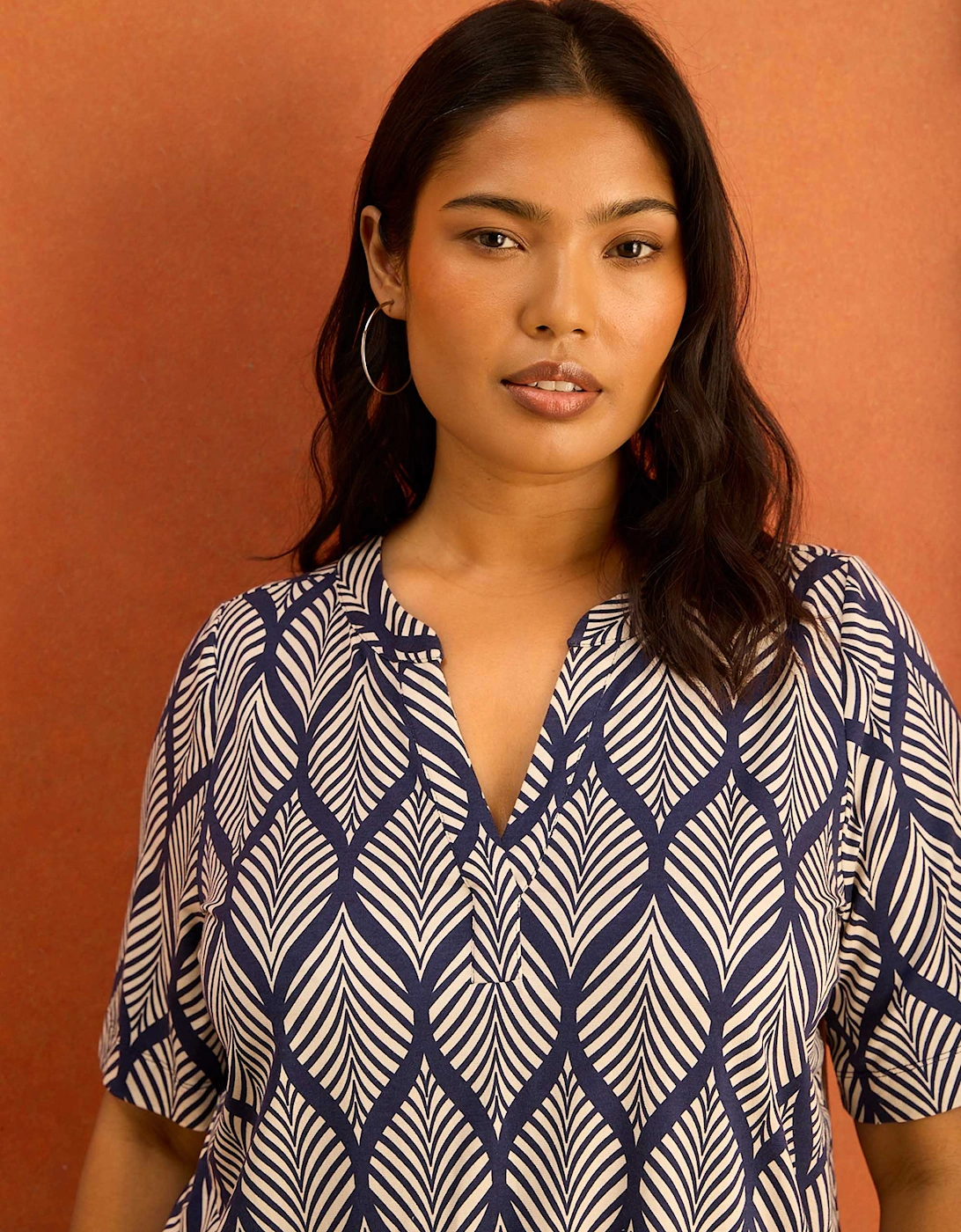 Navy Print Nehru Collar Short Sleeve Jersey Top