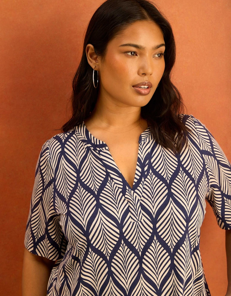 Navy Print Nehru Collar Short Sleeve Jersey Top