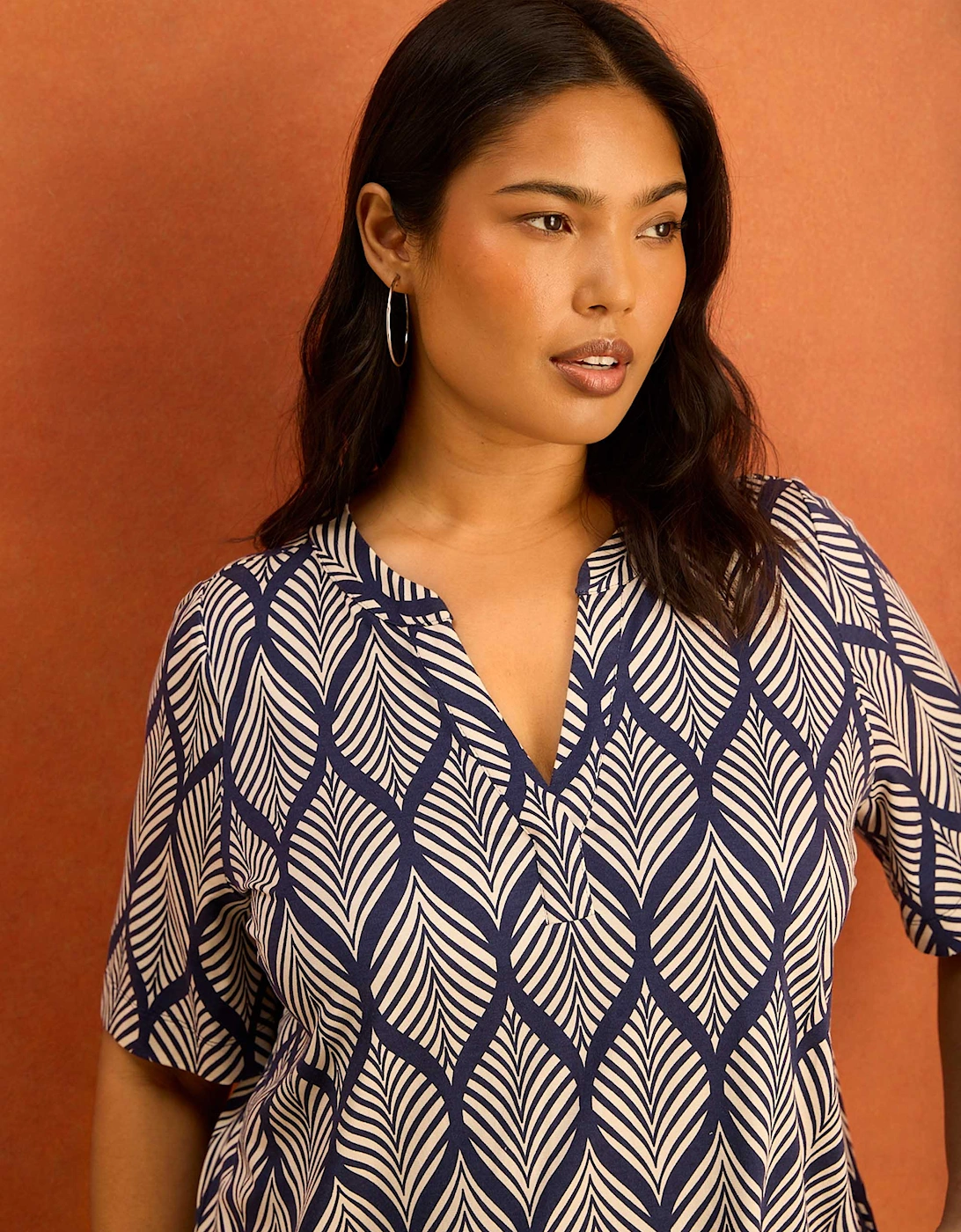 Navy Print Nehru Collar Short Sleeve Jersey Top