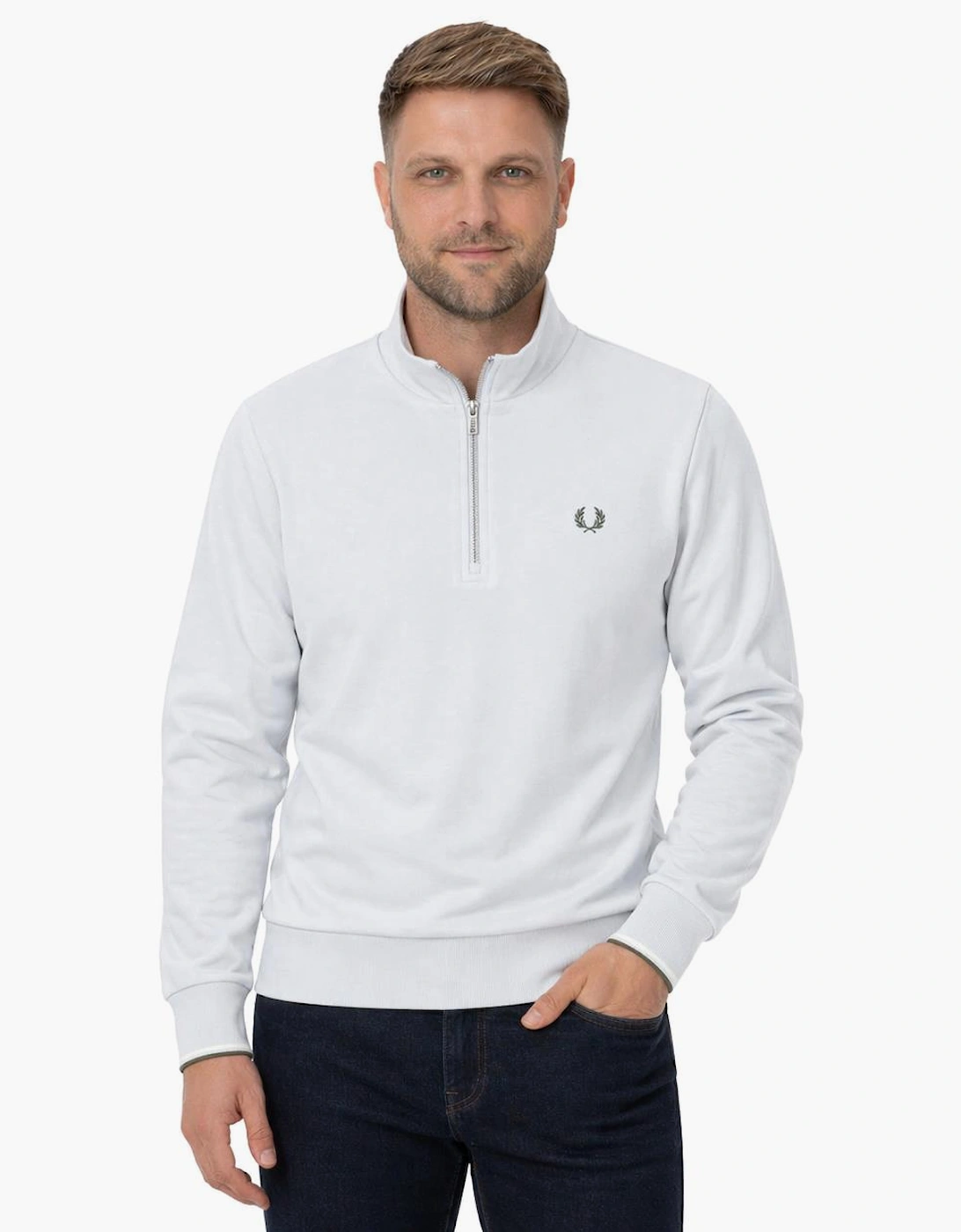 Fred Perry Half Zip Sweatshirt Dusky Blue/Ecru/Laurel Wreath Green