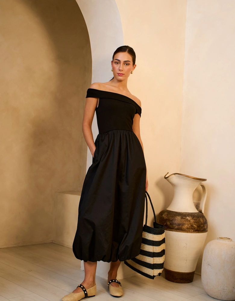 Black Bardot Jersey Mix Bubble Hem Midi Dress
