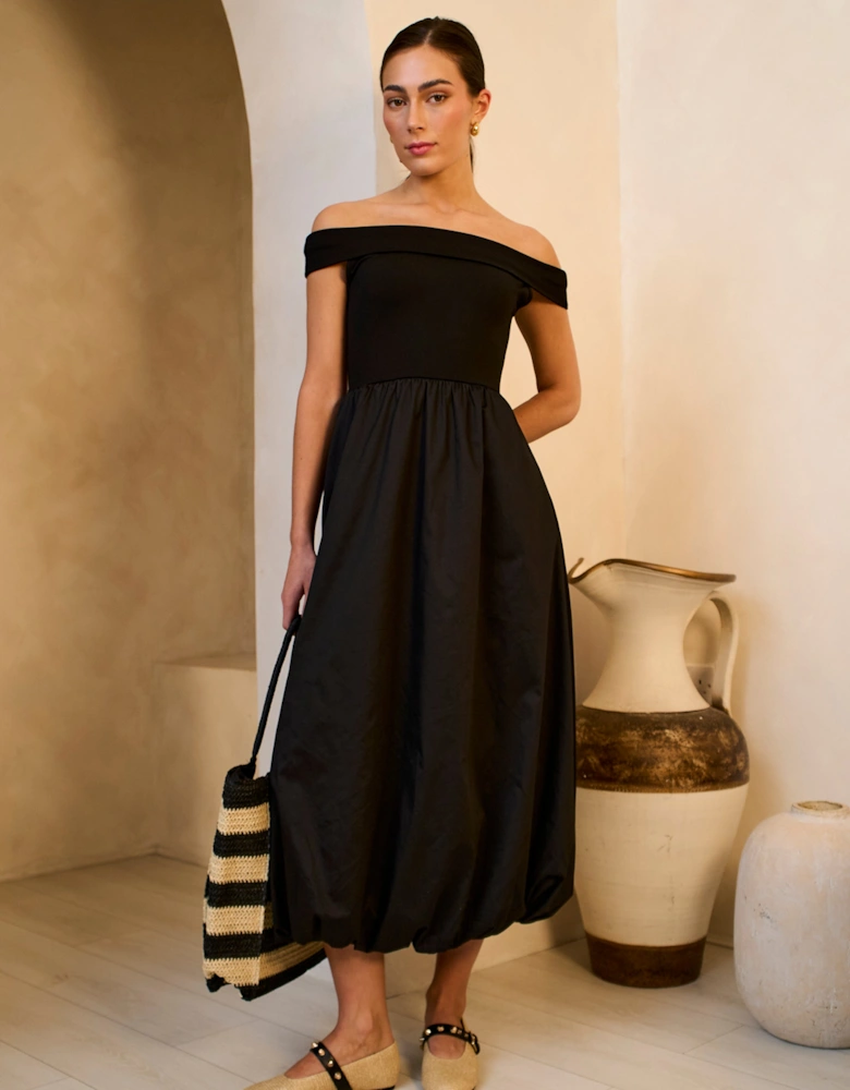 Black Bardot Jersey Mix Bubble Hem Midi Dress