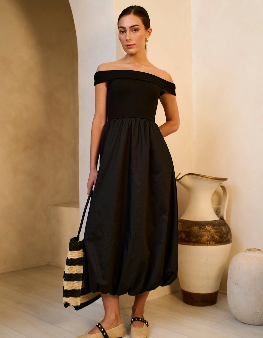 Black Bardot Jersey Mix Bubble Hem Midi Dress
