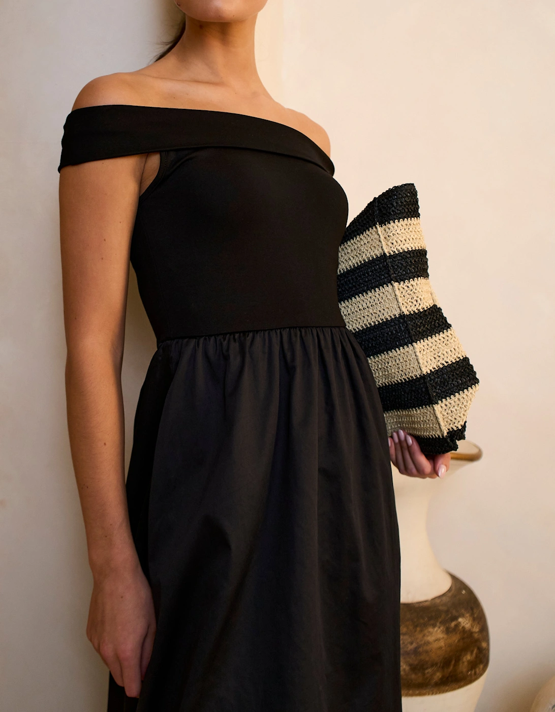 Black Bardot Jersey Mix Bubble Hem Midi Dress