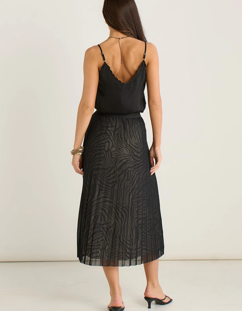 Black Animal Print Mesh Overlay Pleated Midi Skirt