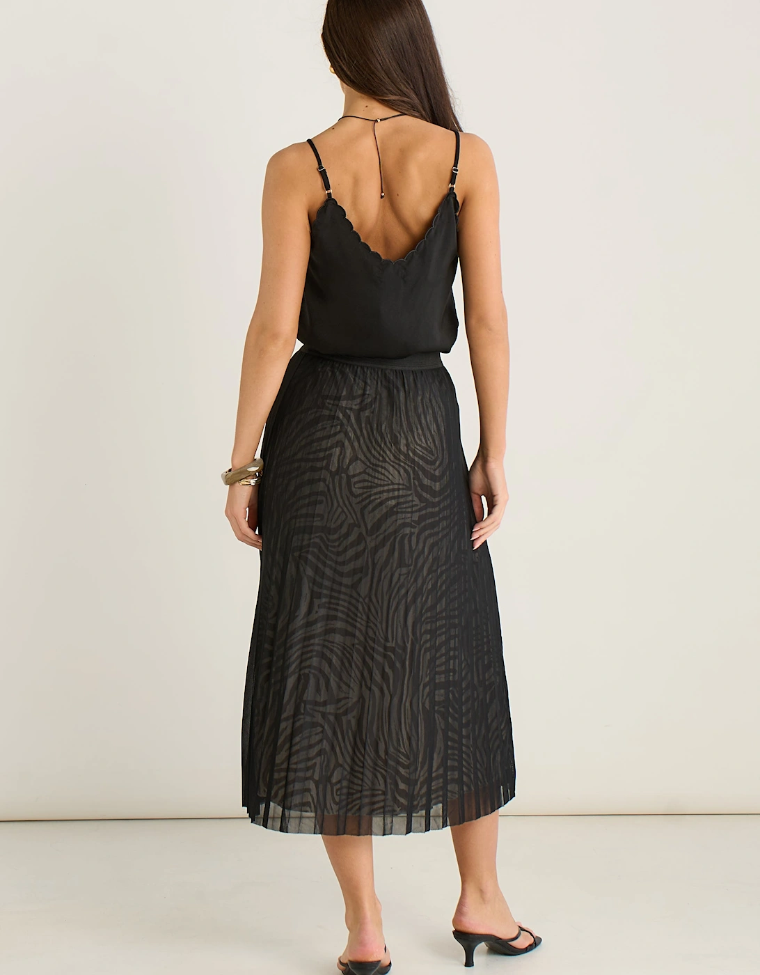 Black Animal Print Mesh Overlay Pleated Midi Skirt