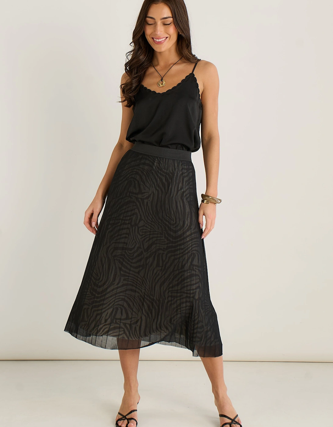 Black Animal Print Mesh Overlay Pleated Midi Skirt