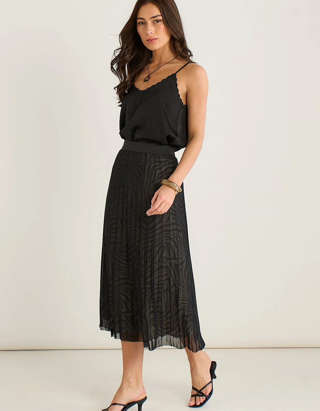 Black Animal Print Mesh Overlay Pleated Midi Skirt