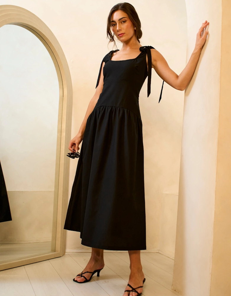 Black Viscose and Linen Blend Drop Waist Midi Dress