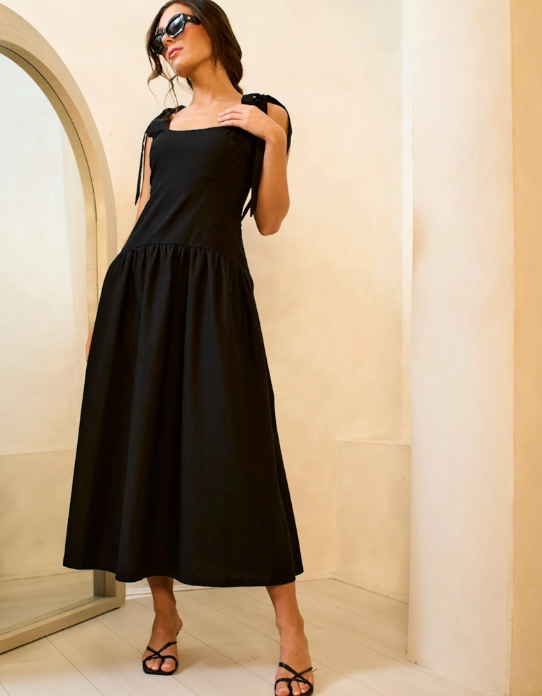 Black Viscose and Linen Blend Drop Waist Midi Dress