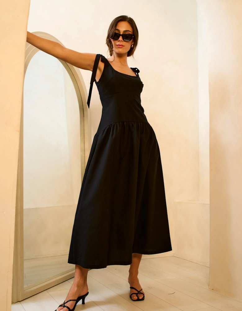 Black Viscose and Linen Blend Drop Waist Midi Dress