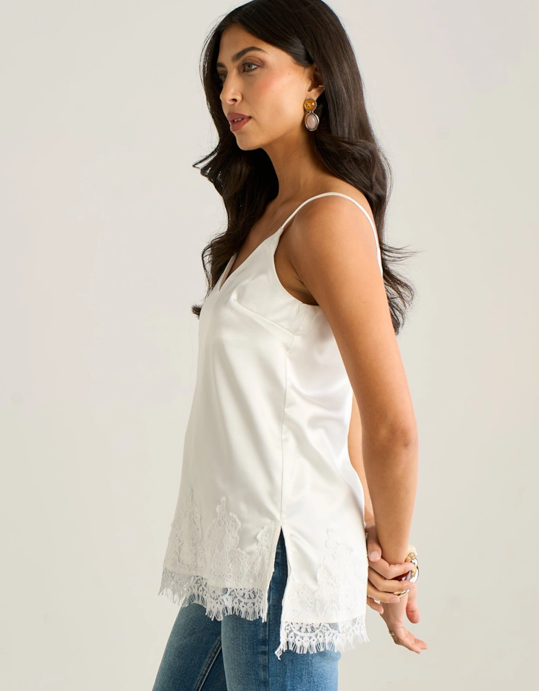 White Satin Lace Trim Cami Top