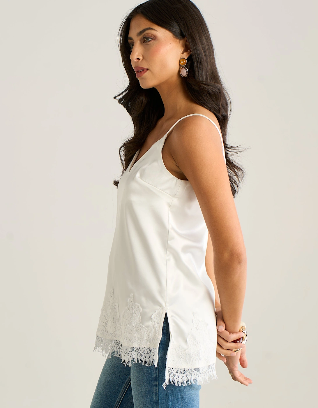 White Satin Lace Trim Cami Top