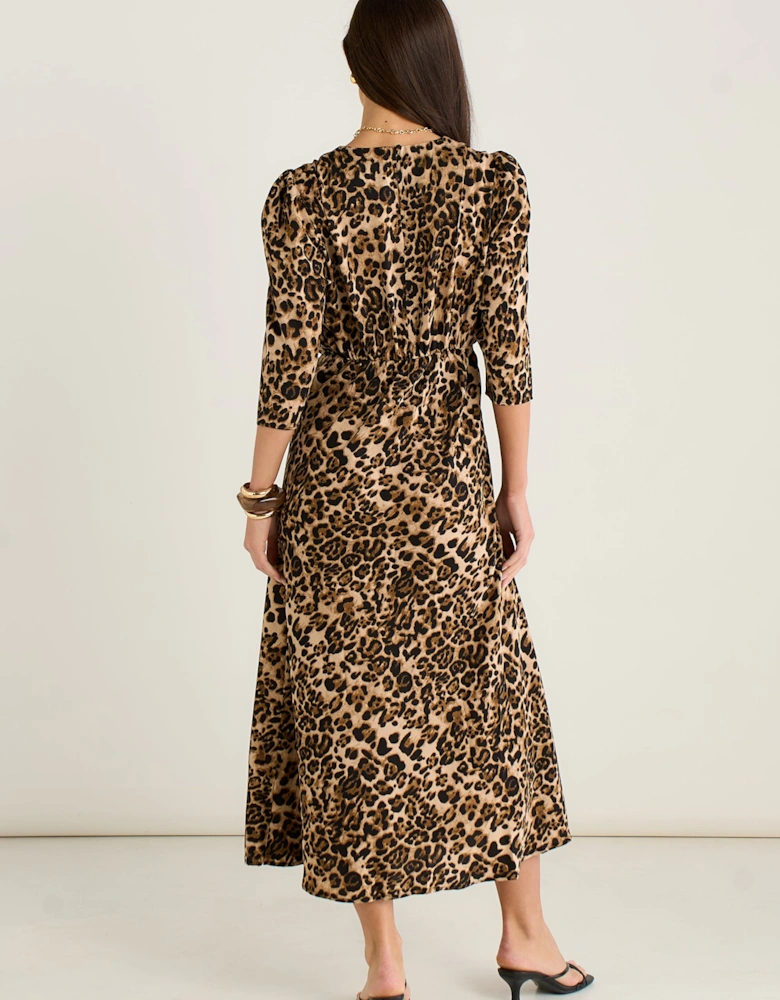 Brown Animal Print Satin Shift Midi Dress