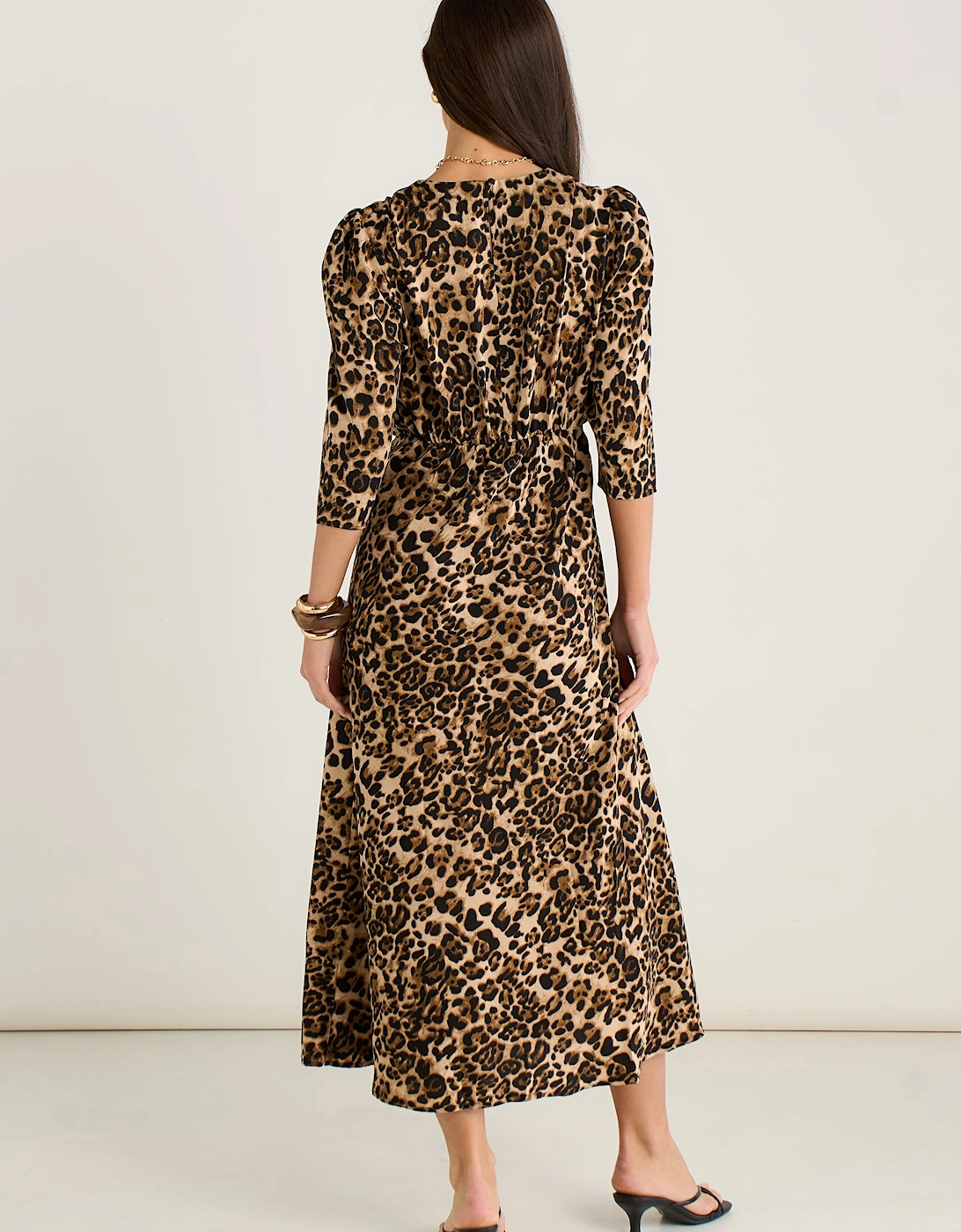Brown Animal Print Satin Shift Midi Dress