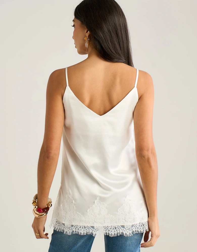 White Satin Lace Trim Cami Top
