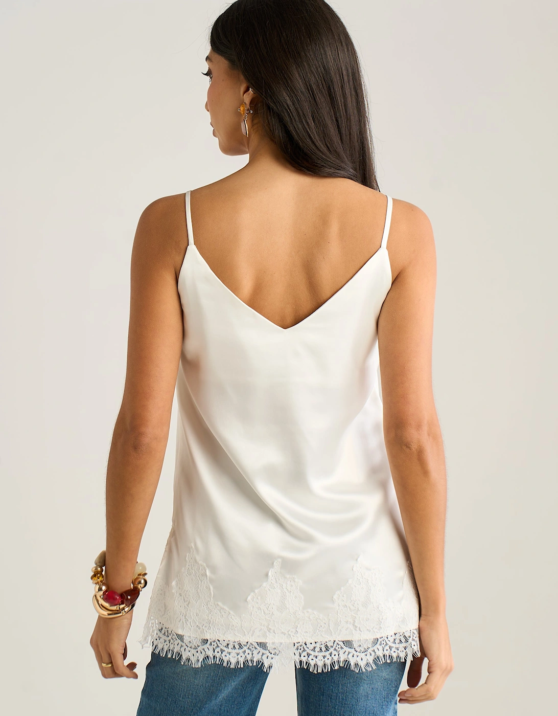 White Satin Lace Trim Cami Top