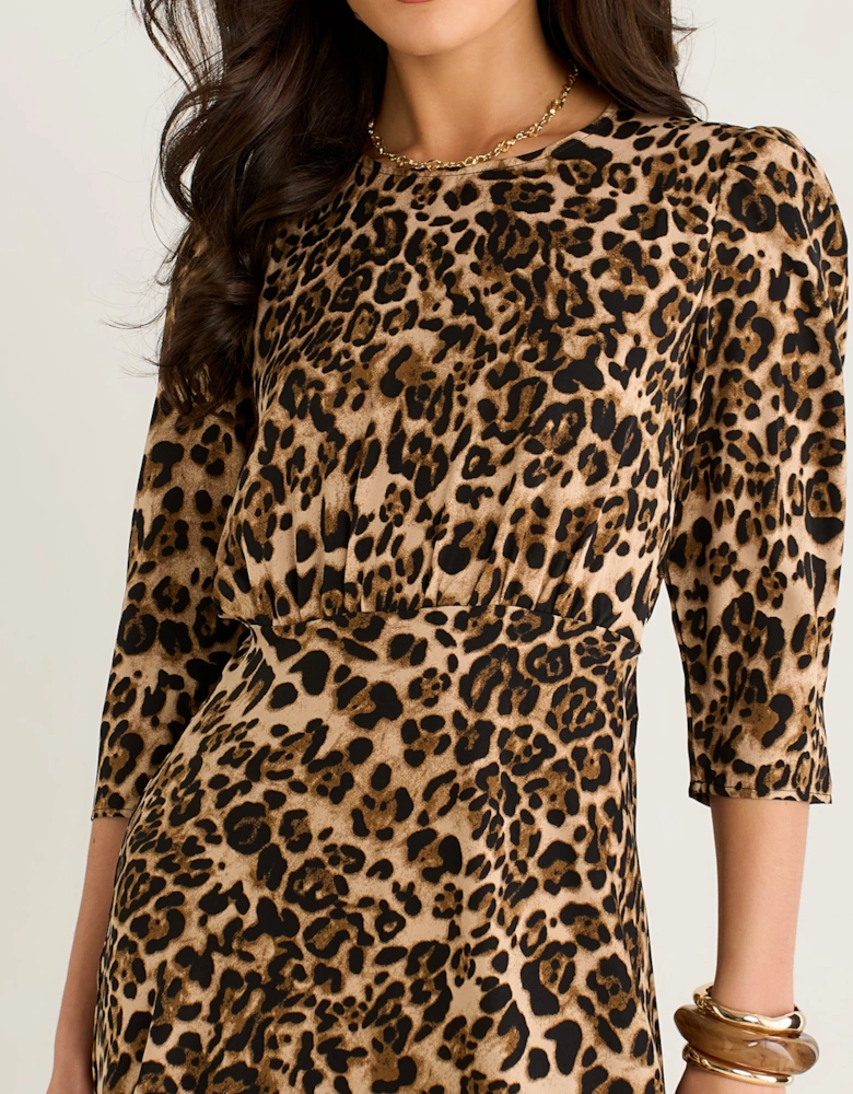 Brown Animal Print Satin Shift Midi Dress