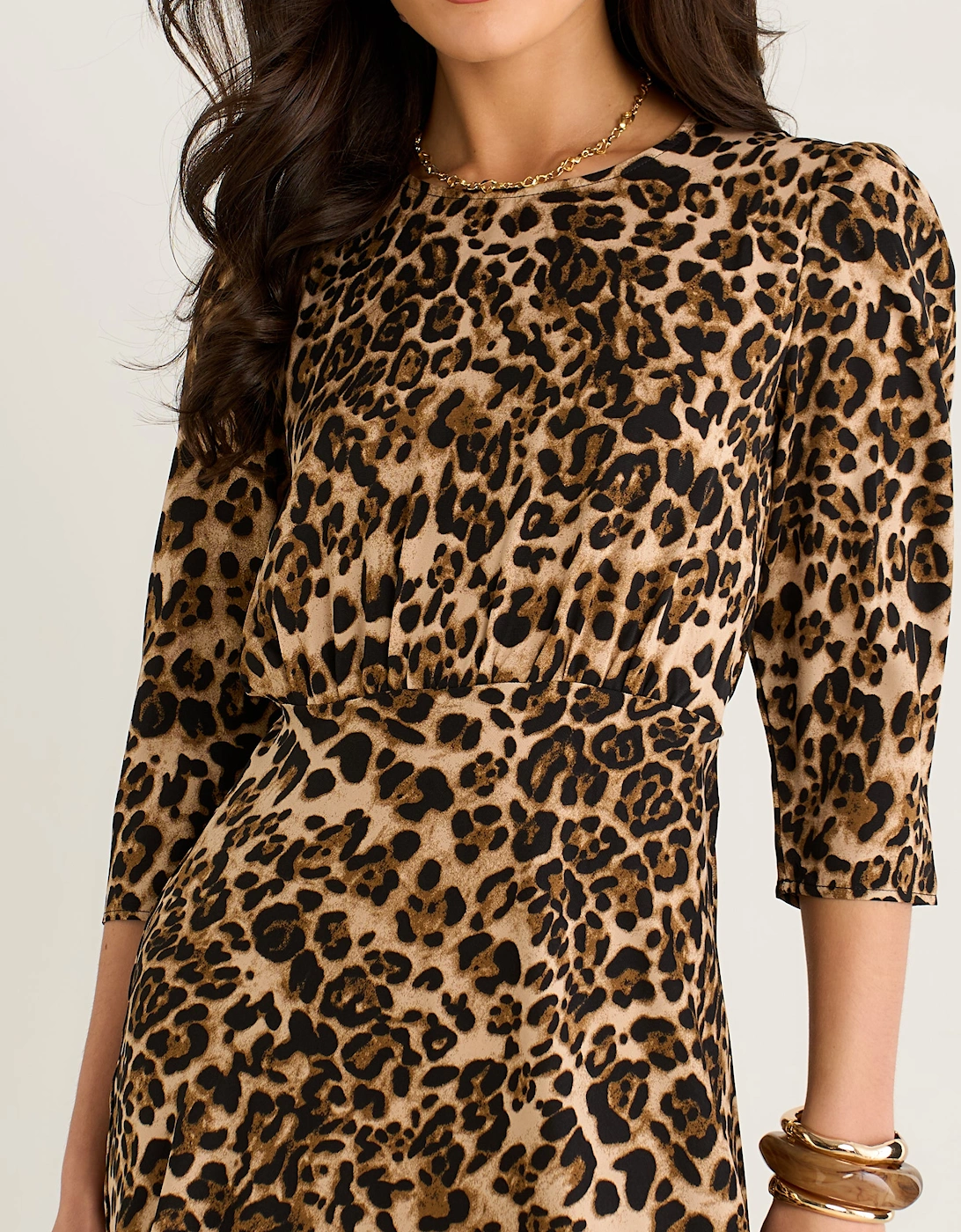 Brown Animal Print Satin Shift Midi Dress
