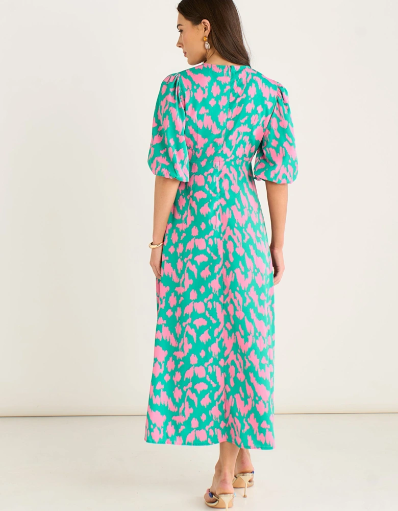 Green Animal Print V Neck Shift Midi Dress