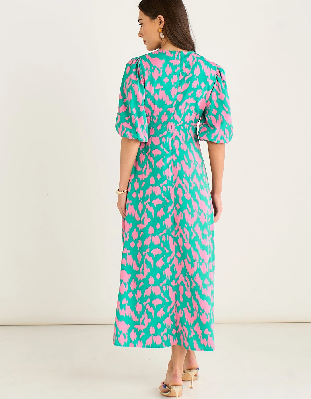 Green Animal Print V Neck Shift Midi Dress
