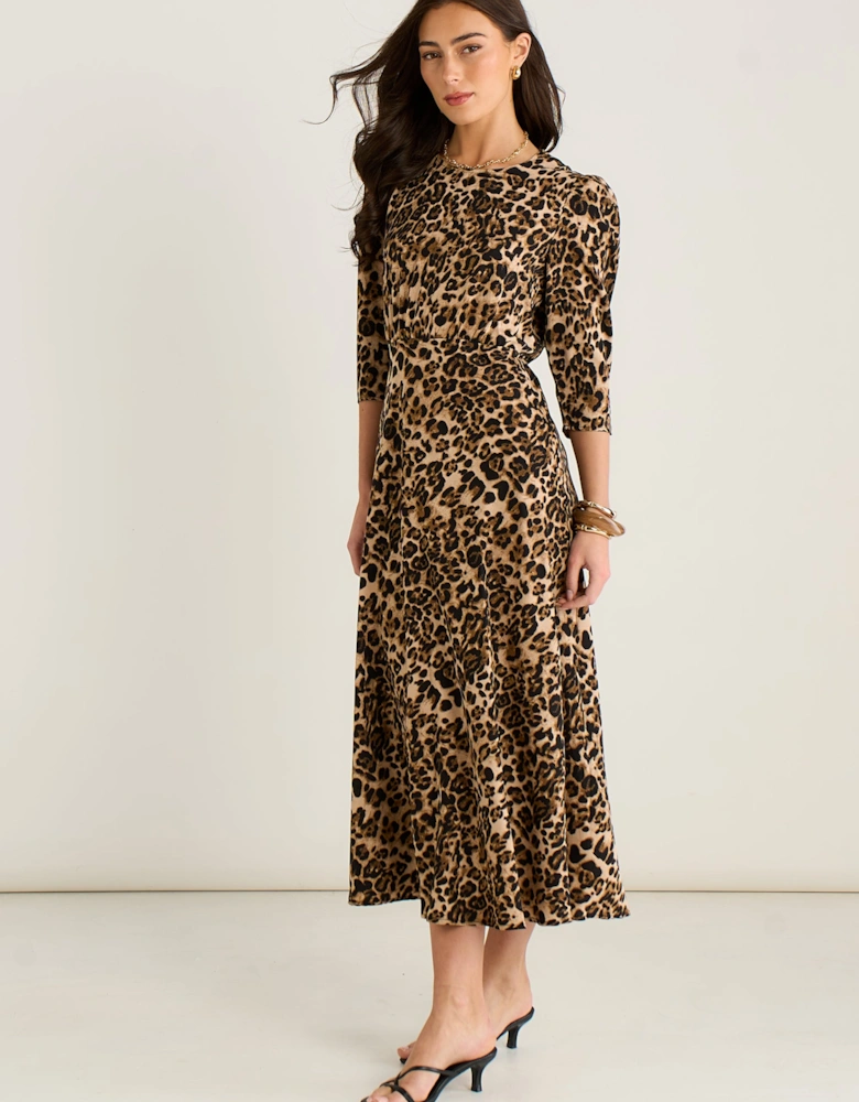 Brown Animal Print Satin Shift Midi Dress