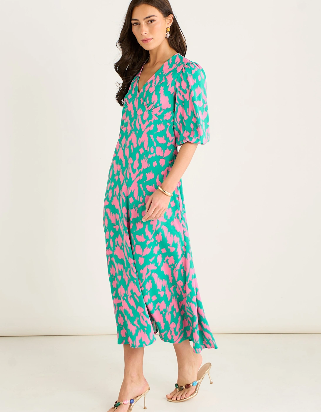 Green Animal Print V Neck Shift Midi Dress