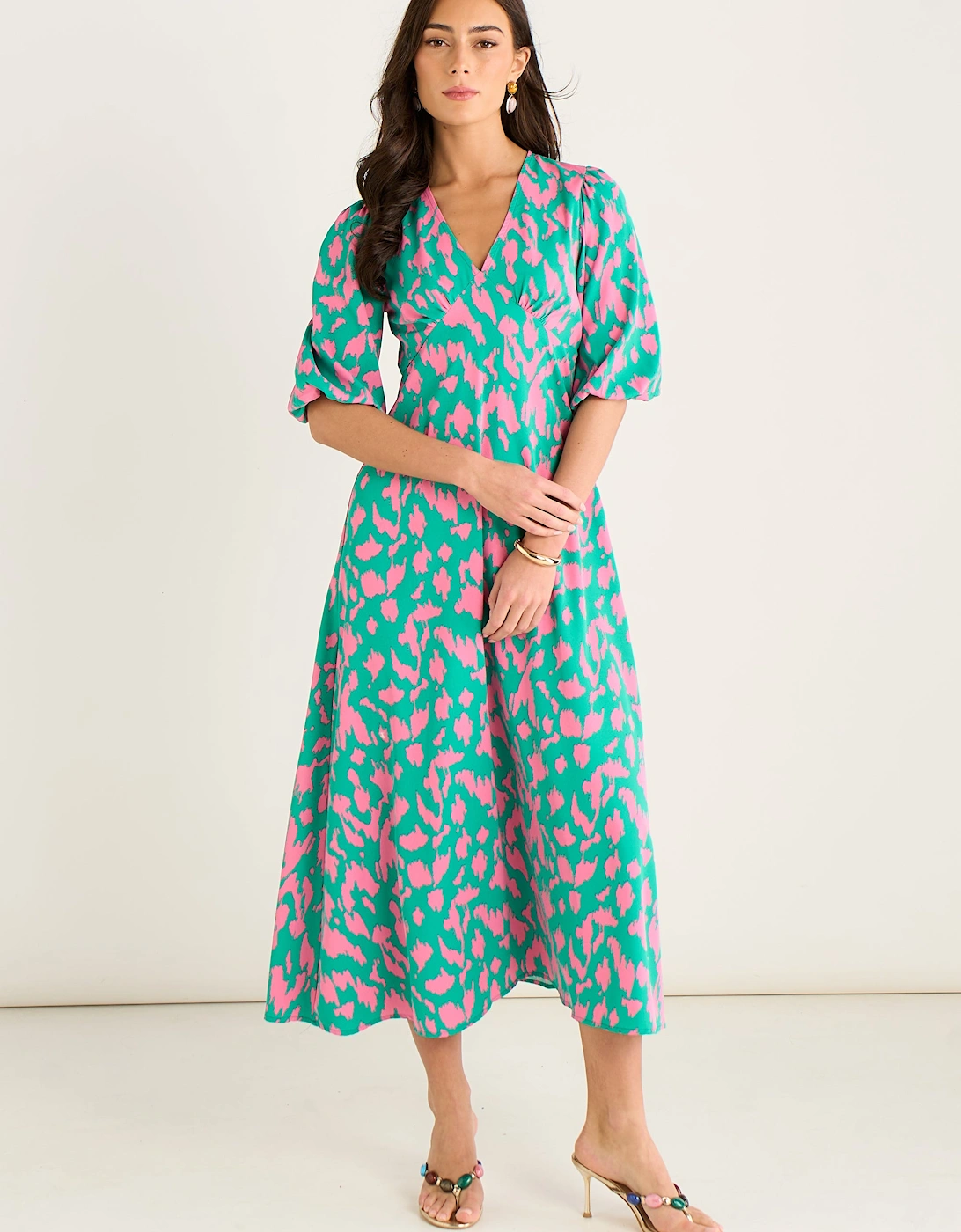 Green Animal Print V Neck Shift Midi Dress, 5 of 4