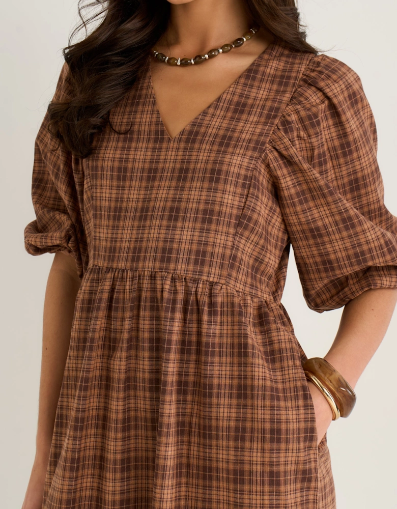 Brown Cotton Puff Sleeves V Neck Midi Dress