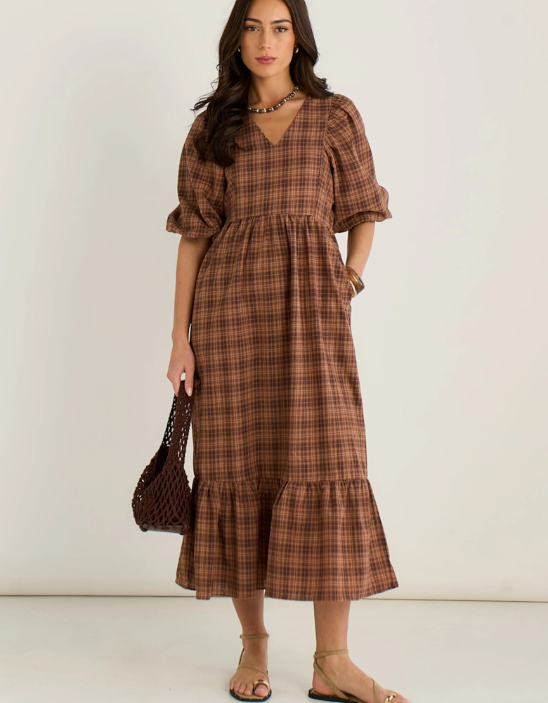 Brown Cotton Puff Sleeves V Neck Midi Dress