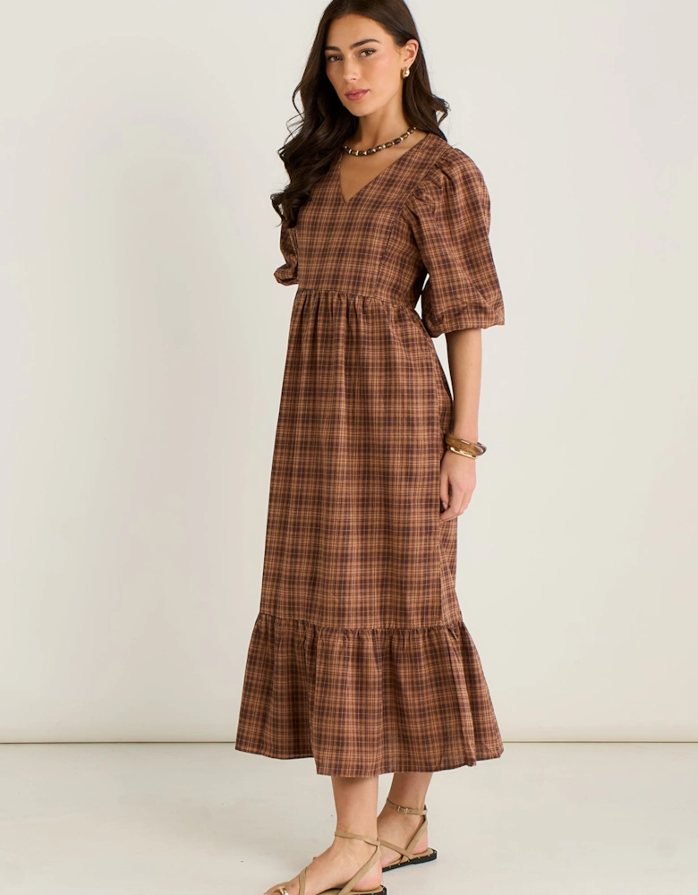 Brown Cotton Puff Sleeves V Neck Midi Dress