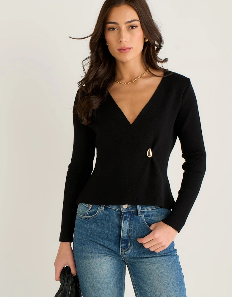 Black Button Wrap Compact Knit Cardigan