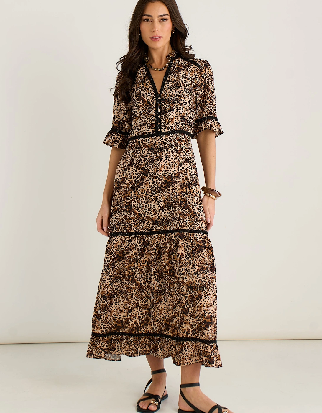 Brown Animal Print Lace Trim Tiered Midi Dress, 5 of 4